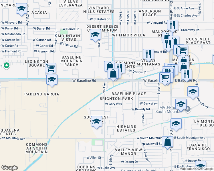 map of restaurants, bars, coffee shops, grocery stores, and more near 7801 South 7th Avenue in Phoenix