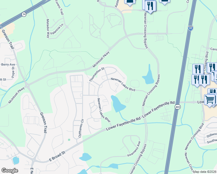 map of restaurants, bars, coffee shops, grocery stores, and more near 91 Covington Terrace in Newnan