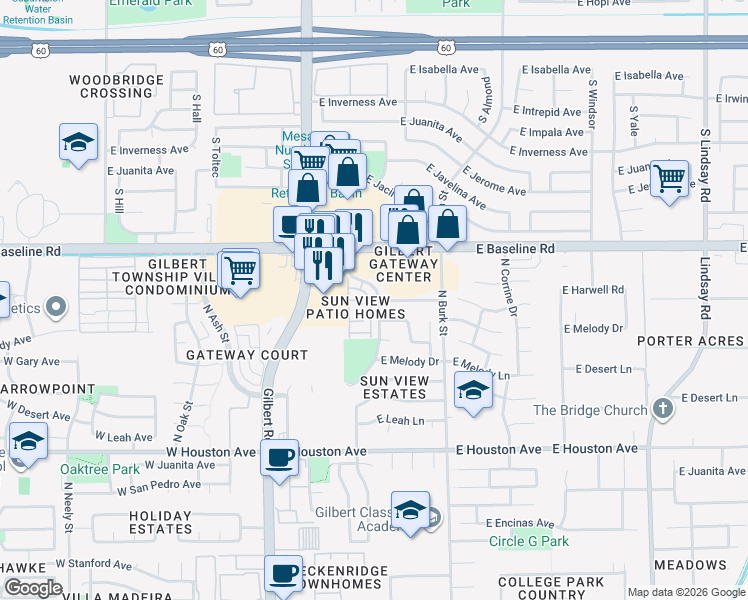 map of restaurants, bars, coffee shops, grocery stores, and more near 1500 North Sunview Parkway in Gilbert