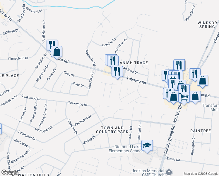 map of restaurants, bars, coffee shops, grocery stores, and more near 2590 Tobacco Road in Hephzibah