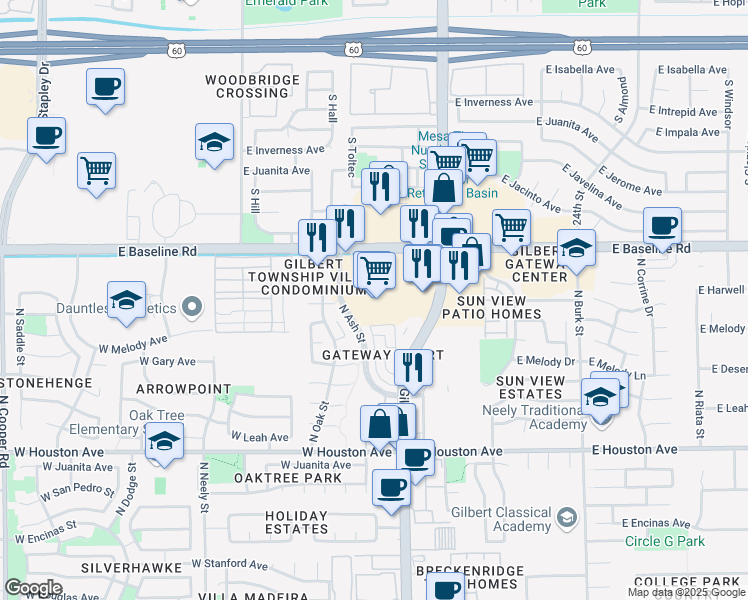 map of restaurants, bars, coffee shops, grocery stores, and more near 1845 East Baseline Road in Mesa