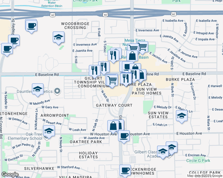 map of restaurants, bars, coffee shops, grocery stores, and more near 1845 East Baseline Road in Mesa