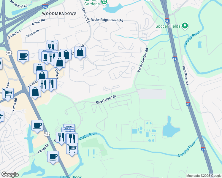 map of restaurants, bars, coffee shops, grocery stores, and more near 503 Riverhaven Place in Hoover