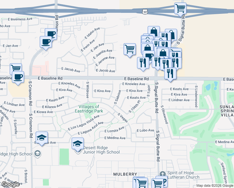 map of restaurants, bars, coffee shops, grocery stores, and more near 2116 South Sabrina in Mesa