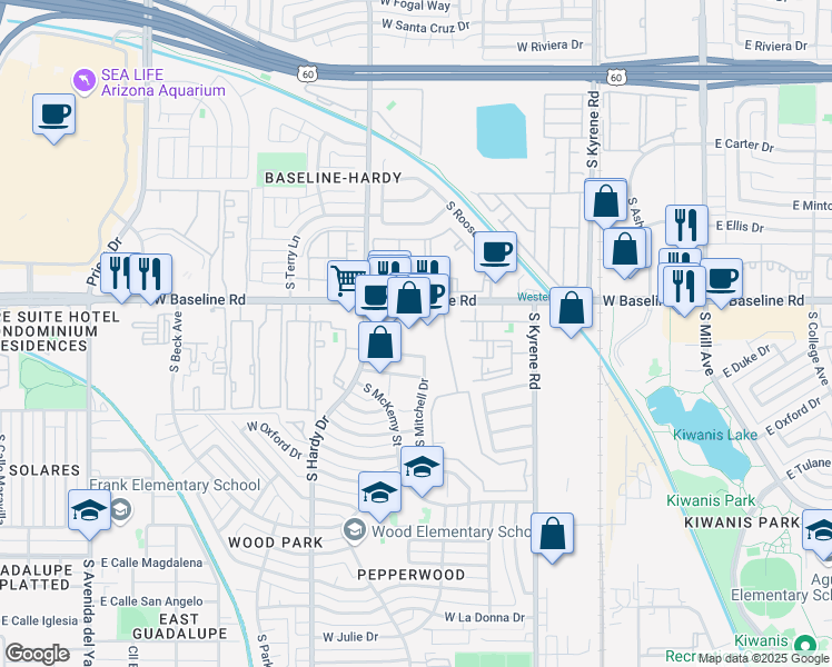 map of restaurants, bars, coffee shops, grocery stores, and more near 809 West Rice Drive in Tempe