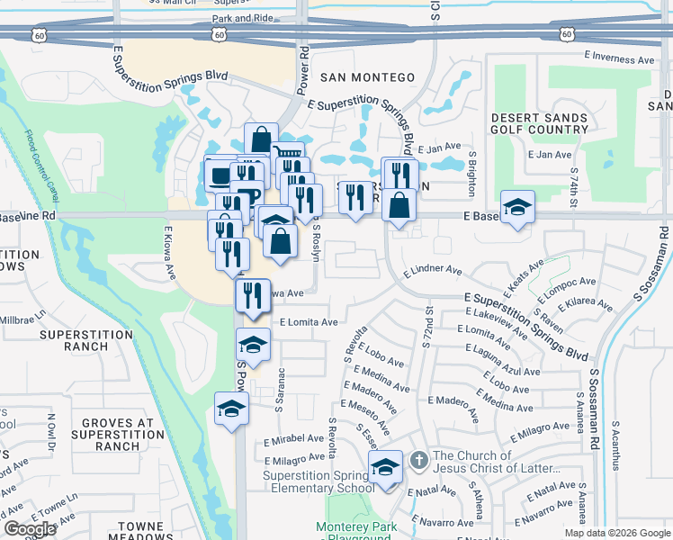 map of restaurants, bars, coffee shops, grocery stores, and more near 2143 South Longwood Circle in Mesa
