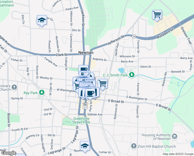 map of restaurants, bars, coffee shops, grocery stores, and more near 59 Perry Street in Newnan