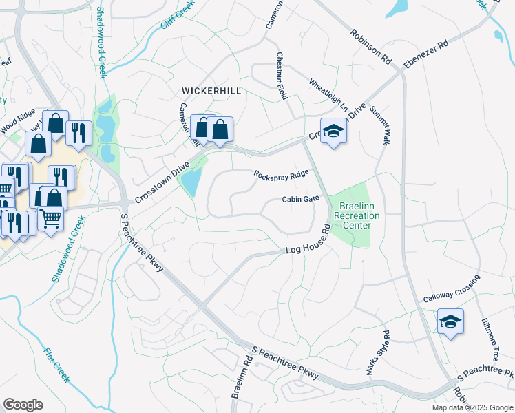 map of restaurants, bars, coffee shops, grocery stores, and more near 101 Cabin Gate in Peachtree City