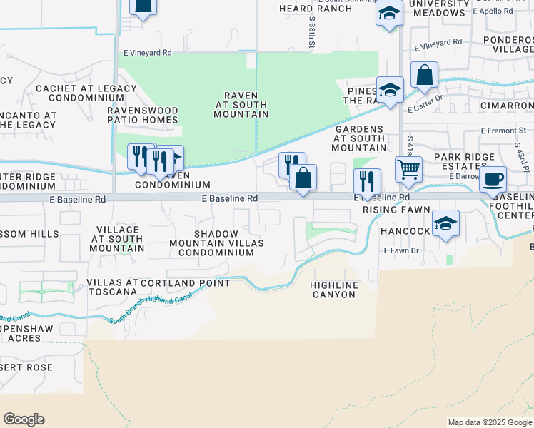 map of restaurants, bars, coffee shops, grocery stores, and more near 3641 East Branham Lane in Phoenix