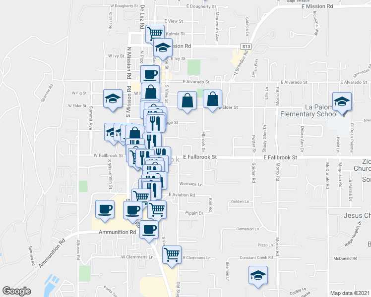 map of restaurants, bars, coffee shops, grocery stores, and more near 334 East Fallbrook Street in Fallbrook