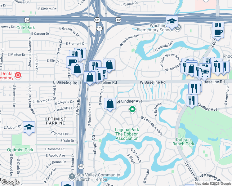 map of restaurants, bars, coffee shops, grocery stores, and more near 2515 West Kilarea Avenue in Mesa