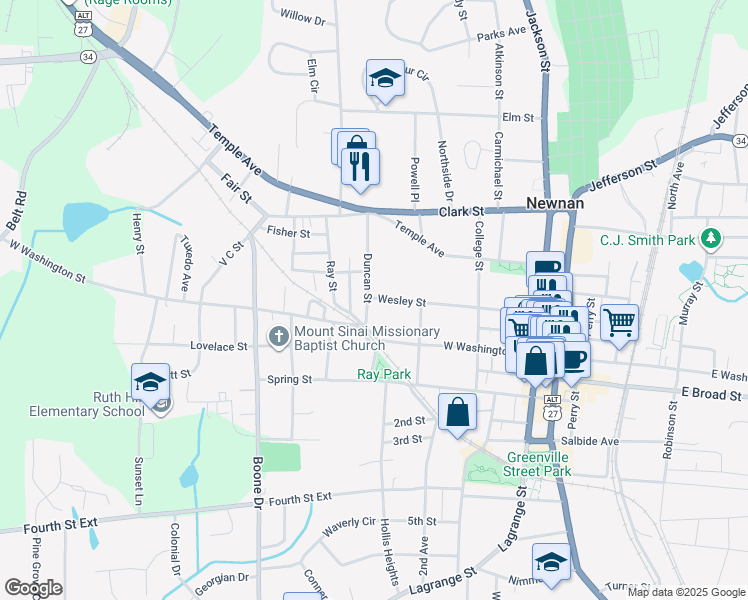 map of restaurants, bars, coffee shops, grocery stores, and more near 76 Wesley Street in Newnan