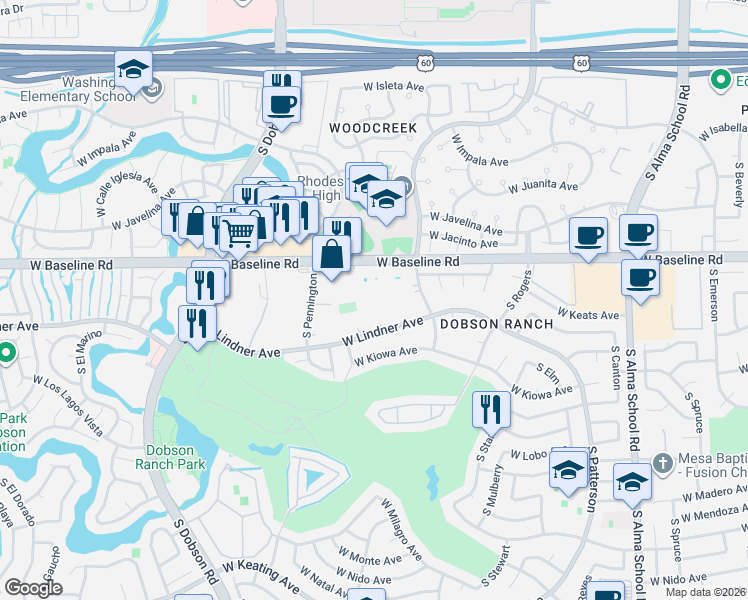 map of restaurants, bars, coffee shops, grocery stores, and more near 1645 West Baseline Road in Mesa