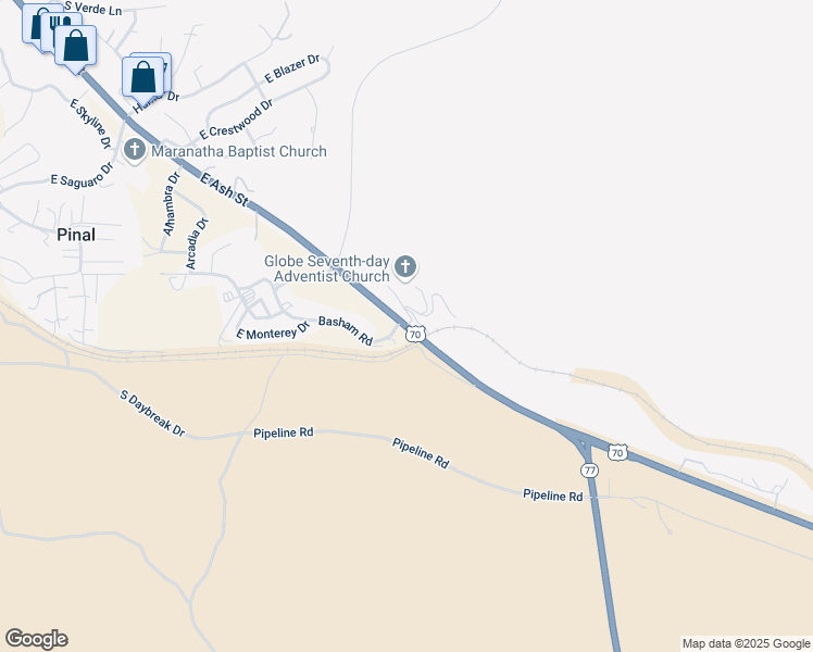 map of restaurants, bars, coffee shops, grocery stores, and more near Highway 70 East in Globe