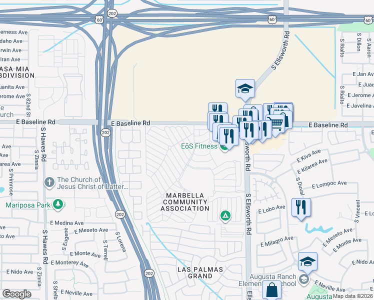 map of restaurants, bars, coffee shops, grocery stores, and more near 8865 East Baseline Road in Mesa