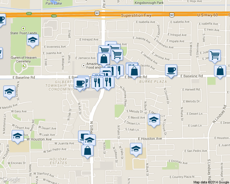 map of restaurants, bars, coffee shops, grocery stores, and more near 1500 North Sunview Parkway in Gilbert