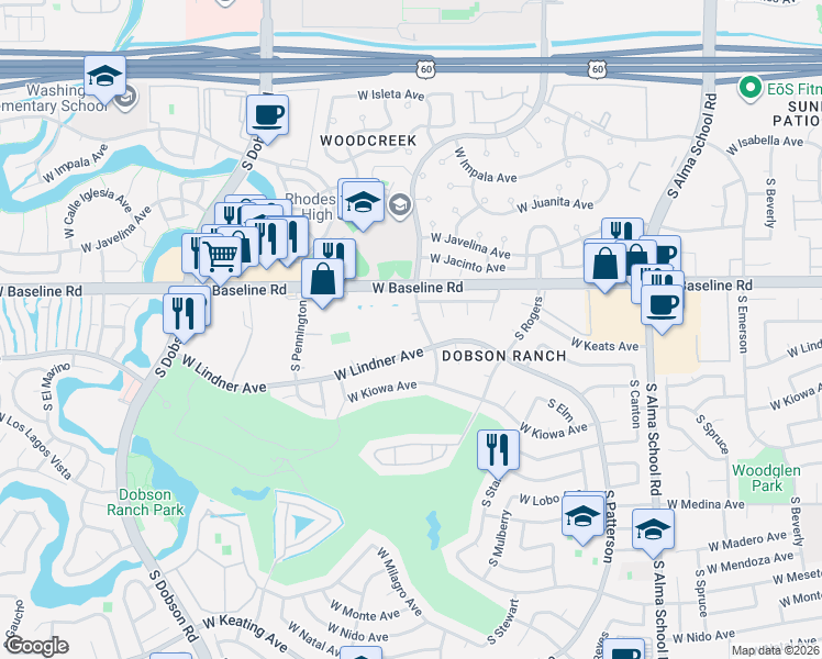 map of restaurants, bars, coffee shops, grocery stores, and more near 2114 South Longmore in Mesa
