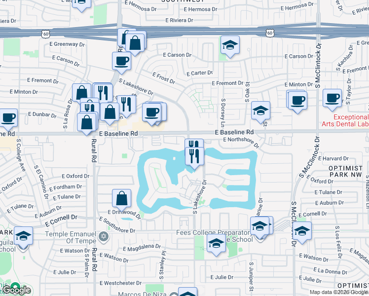 map of restaurants, bars, coffee shops, grocery stores, and more near 5200 South Lakeshore Drive in Tempe
