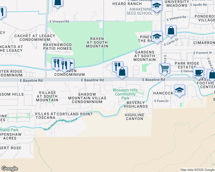map of restaurants, bars, coffee shops, grocery stores, and more near 3641 East Branham Lane in Phoenix