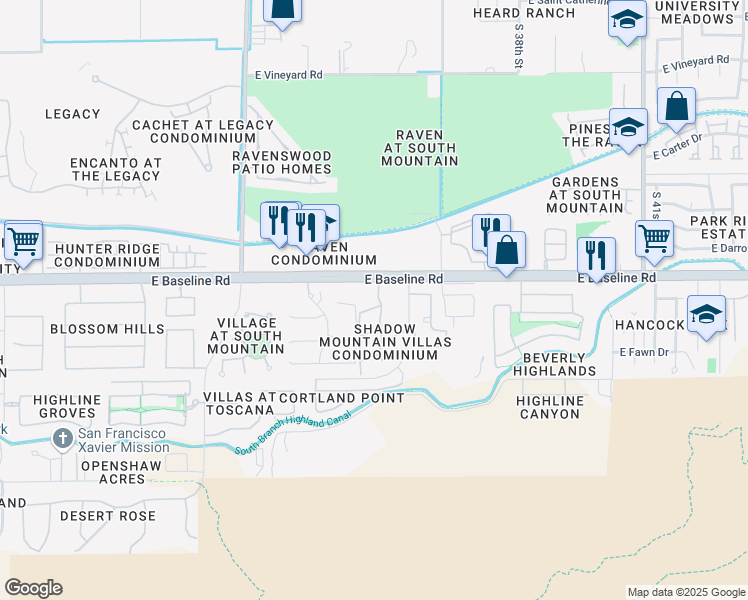 map of restaurants, bars, coffee shops, grocery stores, and more near 3511 East Baseline Road in Phoenix