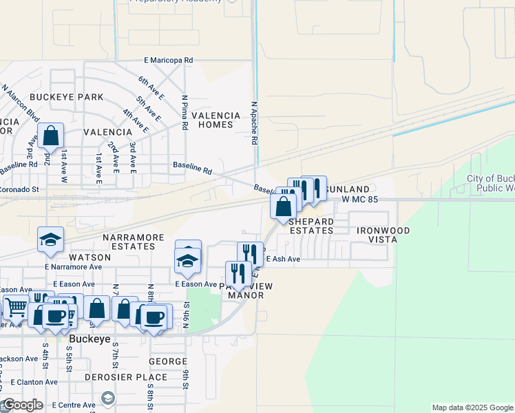 map of restaurants, bars, coffee shops, grocery stores, and more near 180 North Apache Road in Buckeye