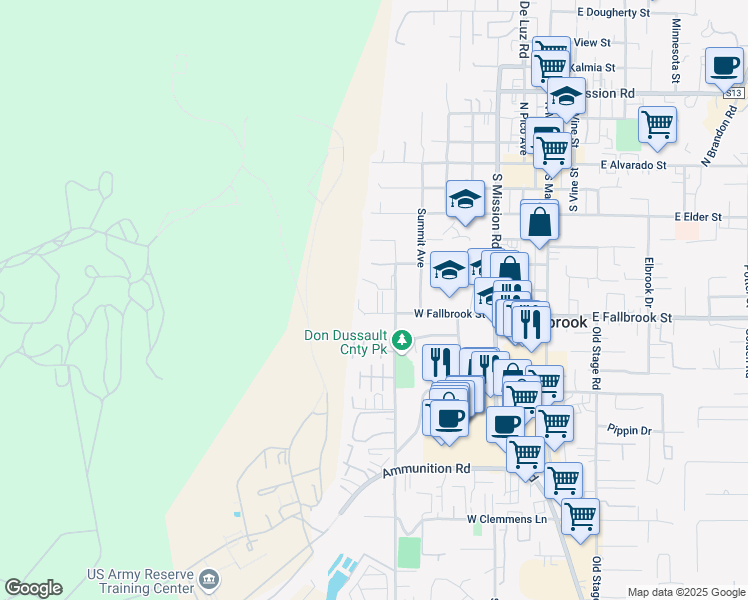 map of restaurants, bars, coffee shops, grocery stores, and more near 744 West Fallbrook Street in Fallbrook