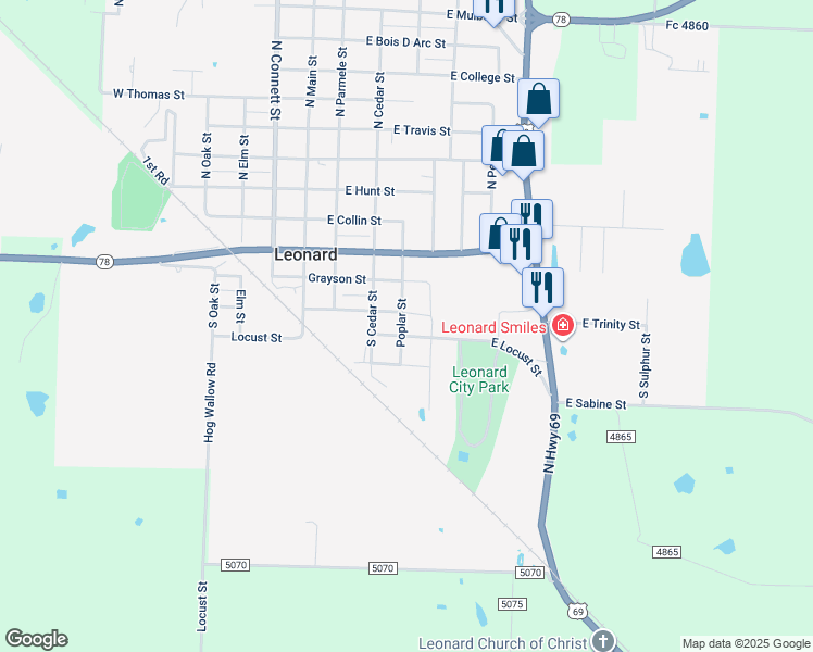 map of restaurants, bars, coffee shops, grocery stores, and more near 405 East Locust Street in Leonard
