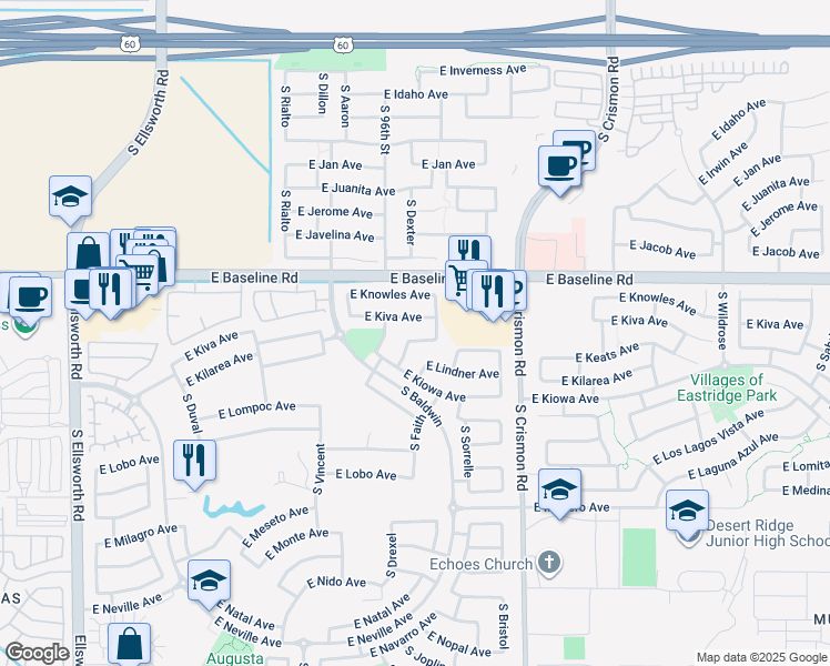 map of restaurants, bars, coffee shops, grocery stores, and more near 9816 East Keats Avenue in Mesa