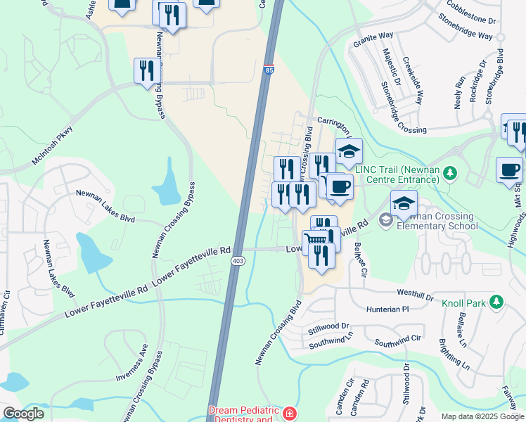 map of restaurants, bars, coffee shops, grocery stores, and more near 1721 Newnan Crossing Boulevard in Newnan