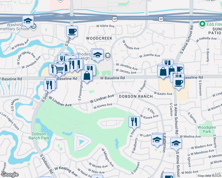 map of restaurants, bars, coffee shops, grocery stores, and more near 2114 South Longmore in Mesa