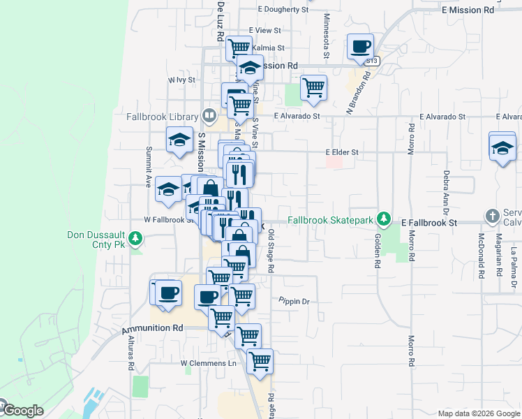 map of restaurants, bars, coffee shops, grocery stores, and more near 230 East Fallbrook Street in Fallbrook