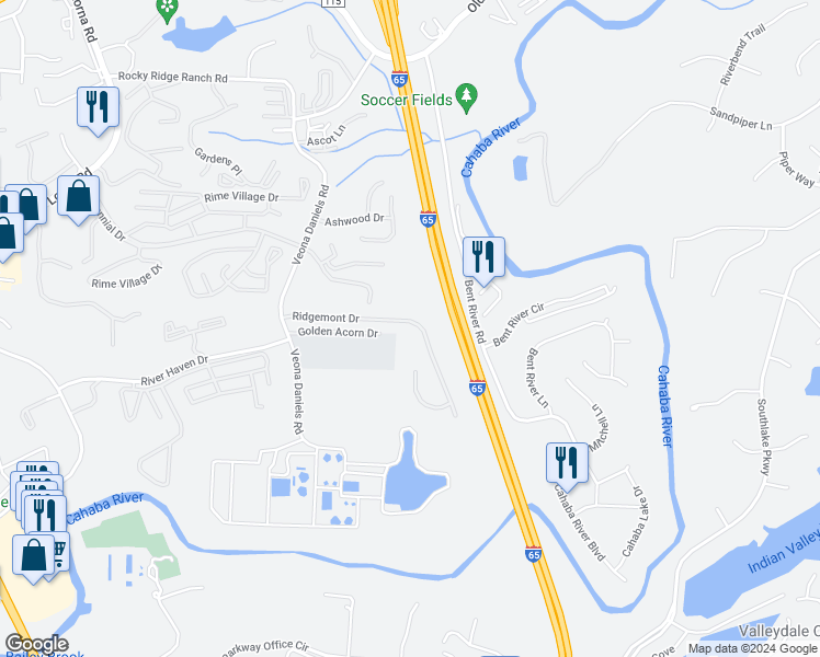 map of restaurants, bars, coffee shops, grocery stores, and more near 2401 Ridgemont Drive in Hoover
