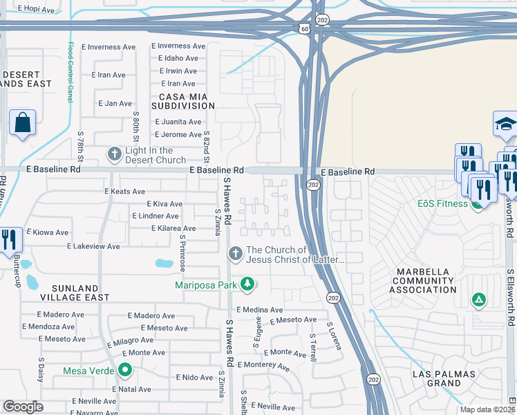 map of restaurants, bars, coffee shops, grocery stores, and more near 2044 South Luther in Mesa
