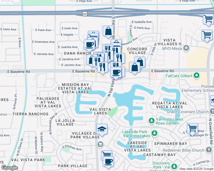 map of restaurants, bars, coffee shops, grocery stores, and more near 1536 North Val Vista Drive in Gilbert