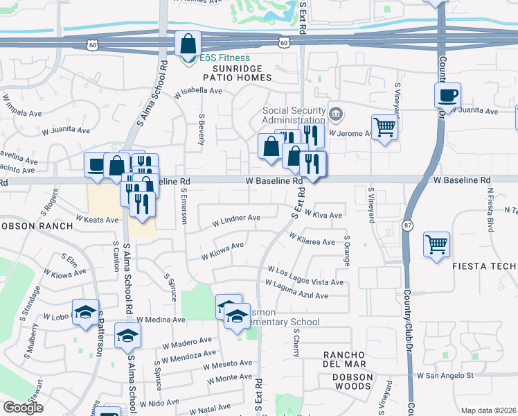map of restaurants, bars, coffee shops, grocery stores, and more near 831 West Knowles Circle in Mesa