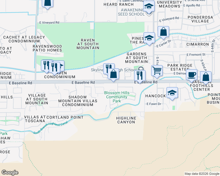 map of restaurants, bars, coffee shops, grocery stores, and more near 3801 East Valencia Drive in Phoenix