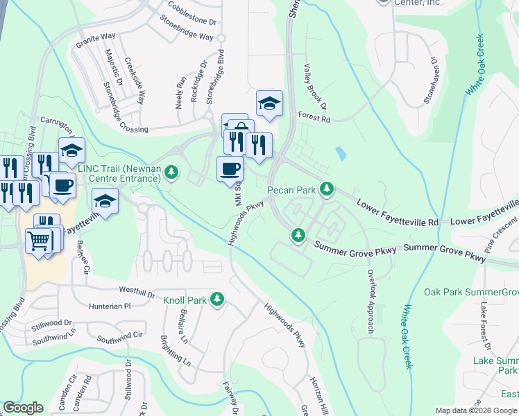 map of restaurants, bars, coffee shops, grocery stores, and more near 67 Market Square Road in Newnan