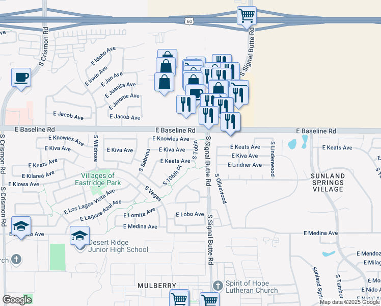 map of restaurants, bars, coffee shops, grocery stores, and more near 10721 East Knowles Avenue in Mesa