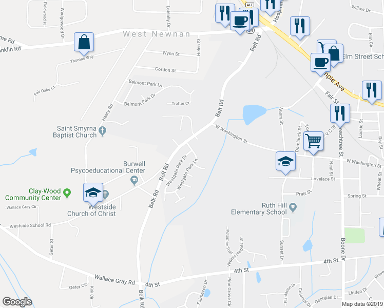 map of restaurants, bars, coffee shops, grocery stores, and more near 5 Westgate Park Lane in Newnan