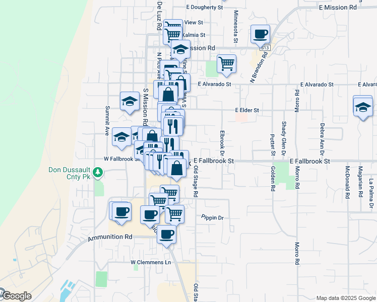 map of restaurants, bars, coffee shops, grocery stores, and more near 230 East Fallbrook Street in Fallbrook