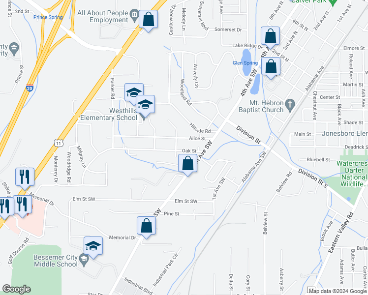 map of restaurants, bars, coffee shops, grocery stores, and more near 433 Oak Street in Bessemer