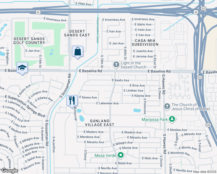 map of restaurants, bars, coffee shops, grocery stores, and more near 2064 South Farnsworth Drive in Mesa