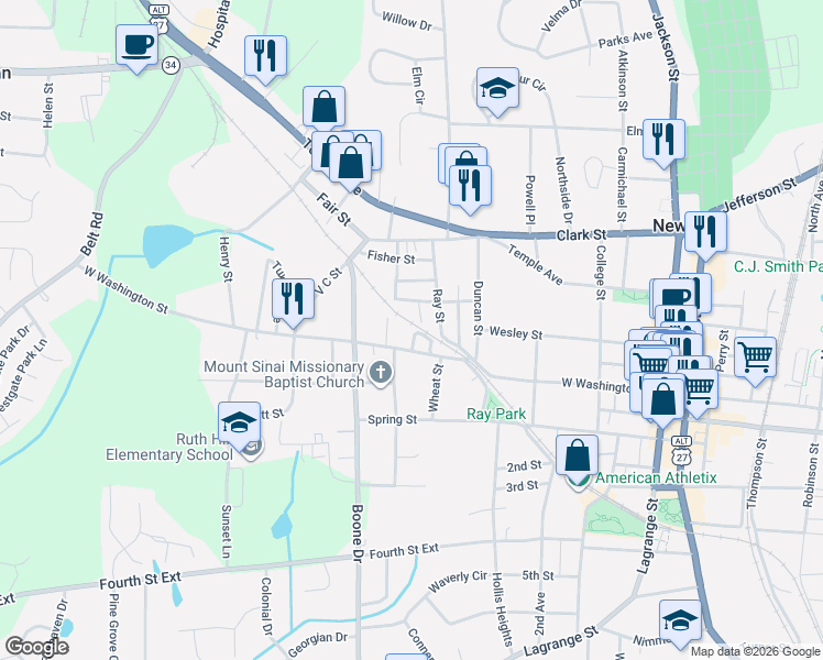 map of restaurants, bars, coffee shops, grocery stores, and more near 6 Fisher Alley in Newnan