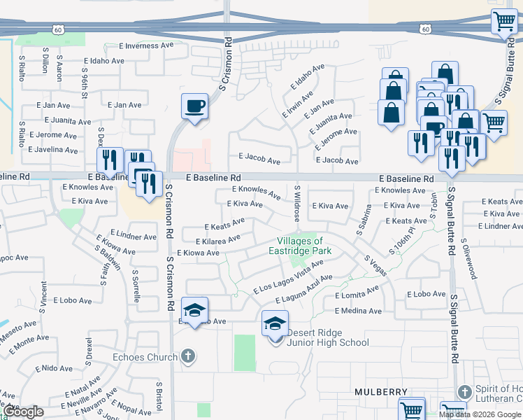 map of restaurants, bars, coffee shops, grocery stores, and more near 10245 East Kiva Avenue in Mesa