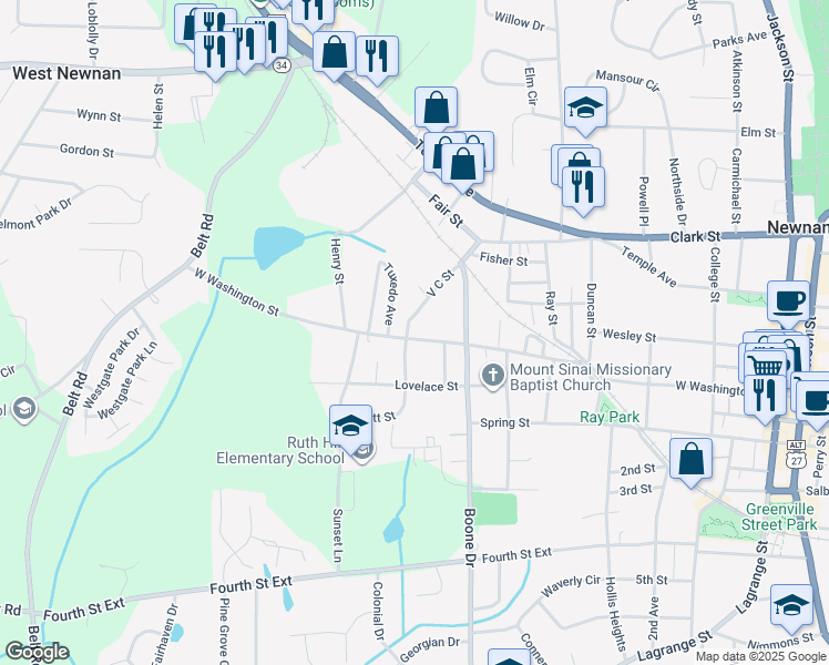 map of restaurants, bars, coffee shops, grocery stores, and more near 11 V C Street in Newnan