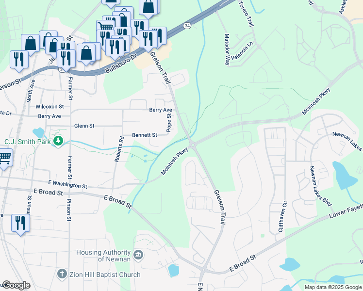 map of restaurants, bars, coffee shops, grocery stores, and more near 118 Pope Street in Newnan