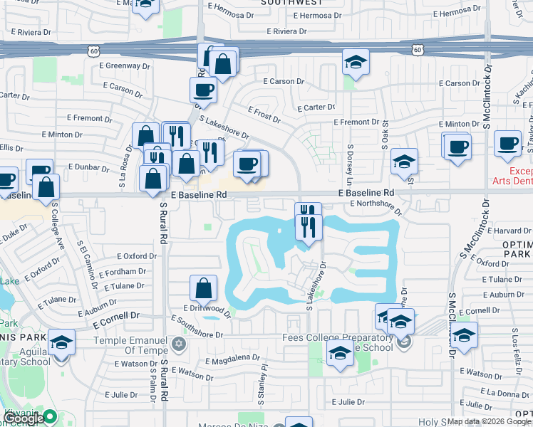 map of restaurants, bars, coffee shops, grocery stores, and more near 5200 South Lakeshore Drive in Tempe