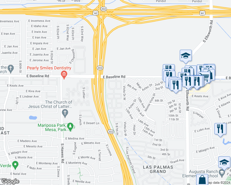 map of restaurants, bars, coffee shops, grocery stores, and more near 2103 South Barrington in Mesa