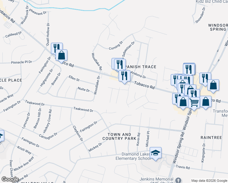map of restaurants, bars, coffee shops, grocery stores, and more near 2574 Tobacco Road in Hephzibah