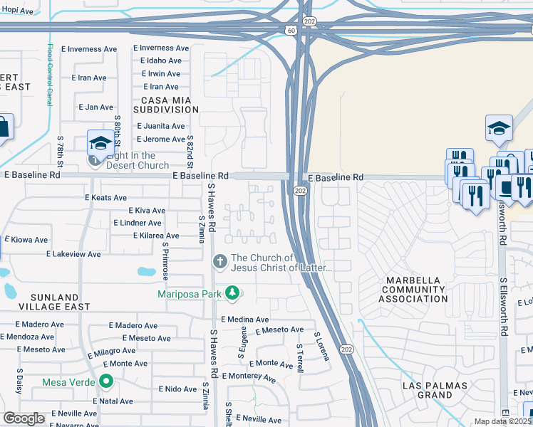 map of restaurants, bars, coffee shops, grocery stores, and more near 2105 South Luther in Mesa